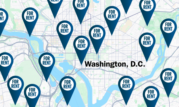 DC street map with "for rent" markers