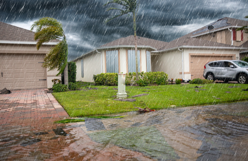 houses in a rainstorm with minor flooding