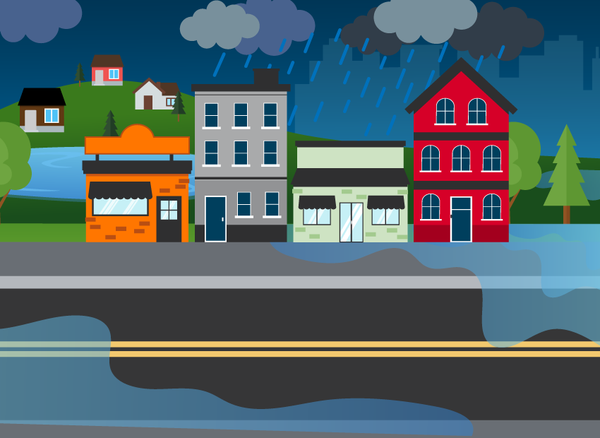 City rowhomes near flooding street