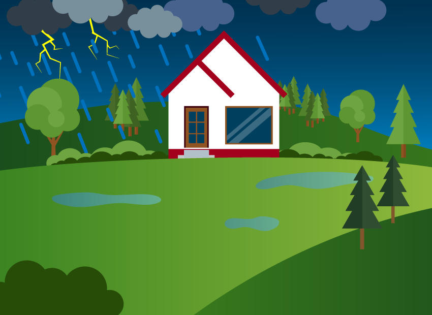 House in forest clearing during thunderstorm