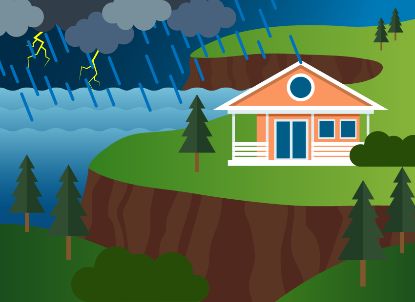House on ocean cliffside with thunderstorm in background