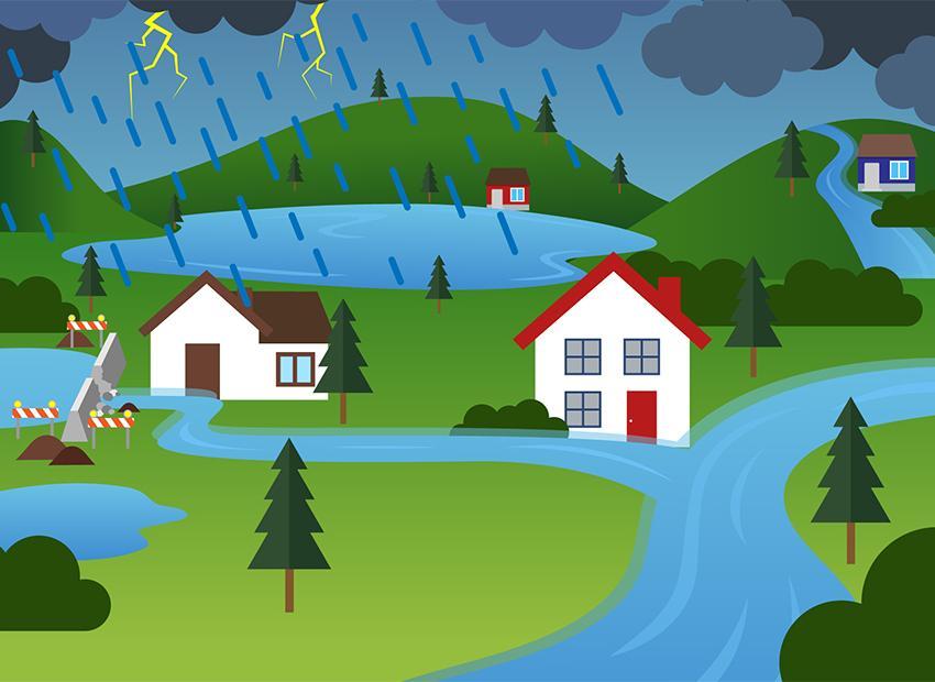 Rural houses near river fork and lake, underneath heavy rainstorm